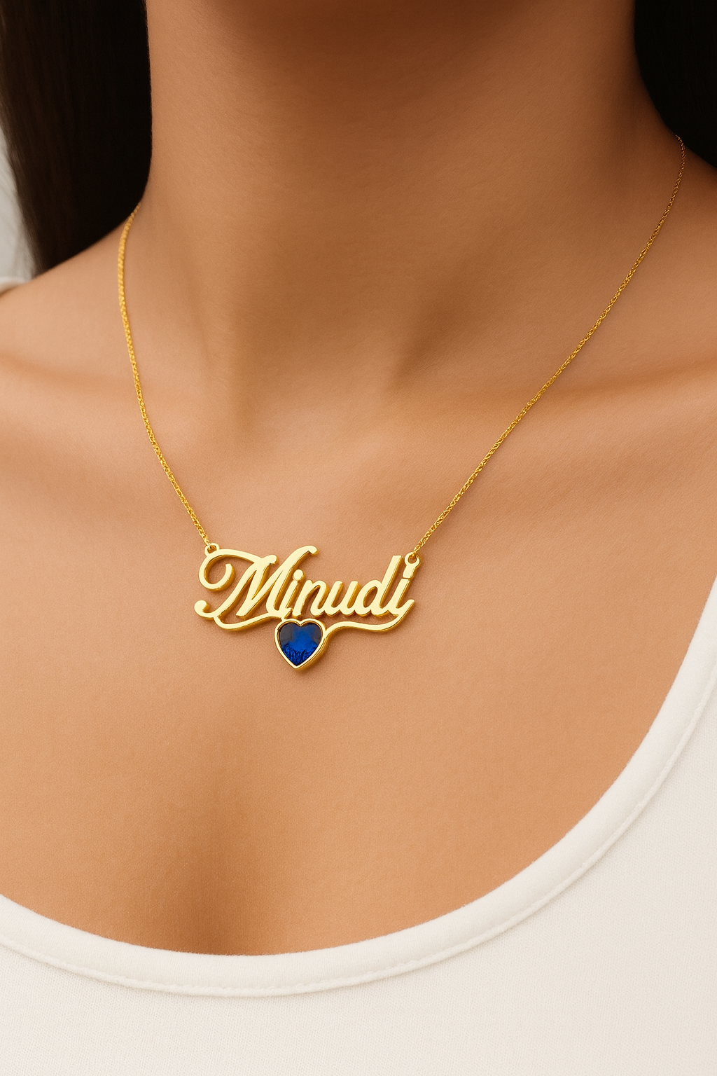 Custom gold name necklace with heart-shaped blue gemstone—handmade 925 sterling silver, customizable chain length, font, and text.