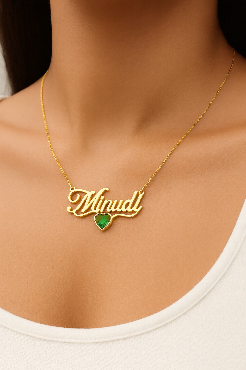 Custom gold name necklace with heart-shaped green gemstone—handmade 925 sterling silver, customizable chain length, font, and text.