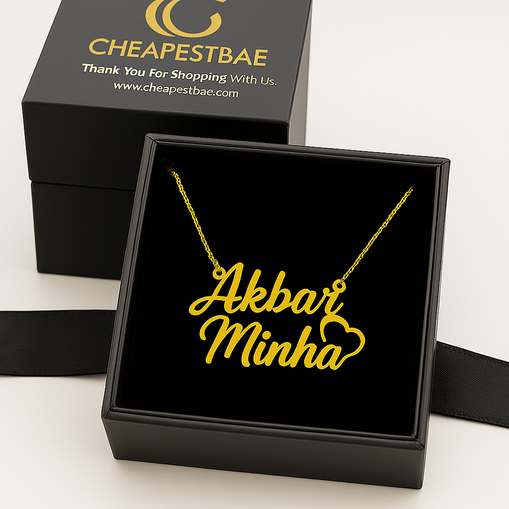 Custom couple name necklace in gold finish with extra design presented in gift box—handmade 925 sterling silver with two names, customizable chain length and font