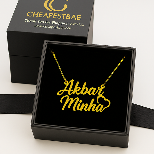 Custom couple name necklace in gold finish with extra design presented in gift box—handmade 925 sterling silver with two names, customizable chain length and font