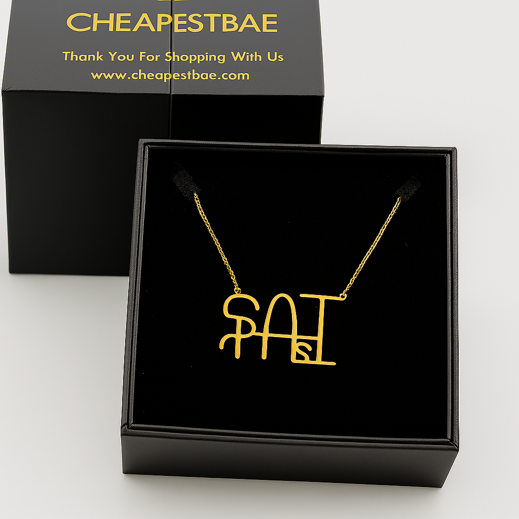 Custom couple name necklace in gold finish with extra design presented in gift box—handmade 925 sterling silver with two names, customizable chain length and font