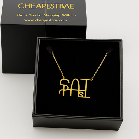 Custom couple name necklace in gold finish with extra design presented in gift box—handmade 925 sterling silver with two names, customizable chain length and font