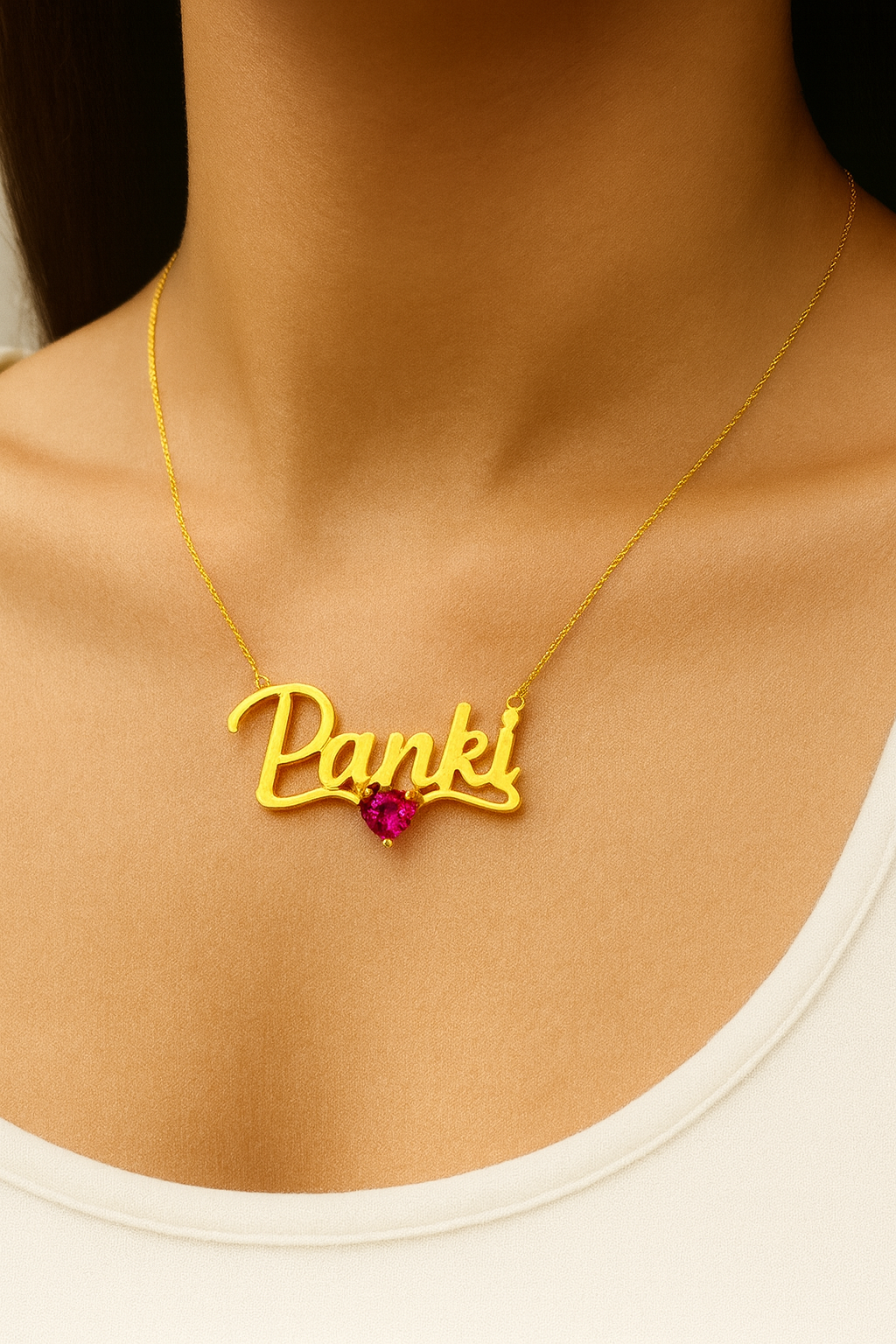 Custom gold name necklace with heart-shaped pink gemstone—handmade 925 sterling silver, customizable chain length, font, and text.