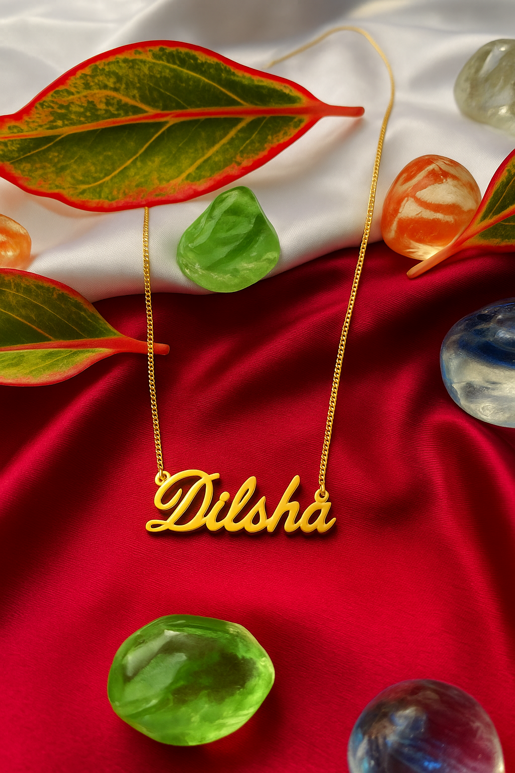 Custom name necklace in gold finish —handmade 925 sterling silver with customizable chain length and font style.