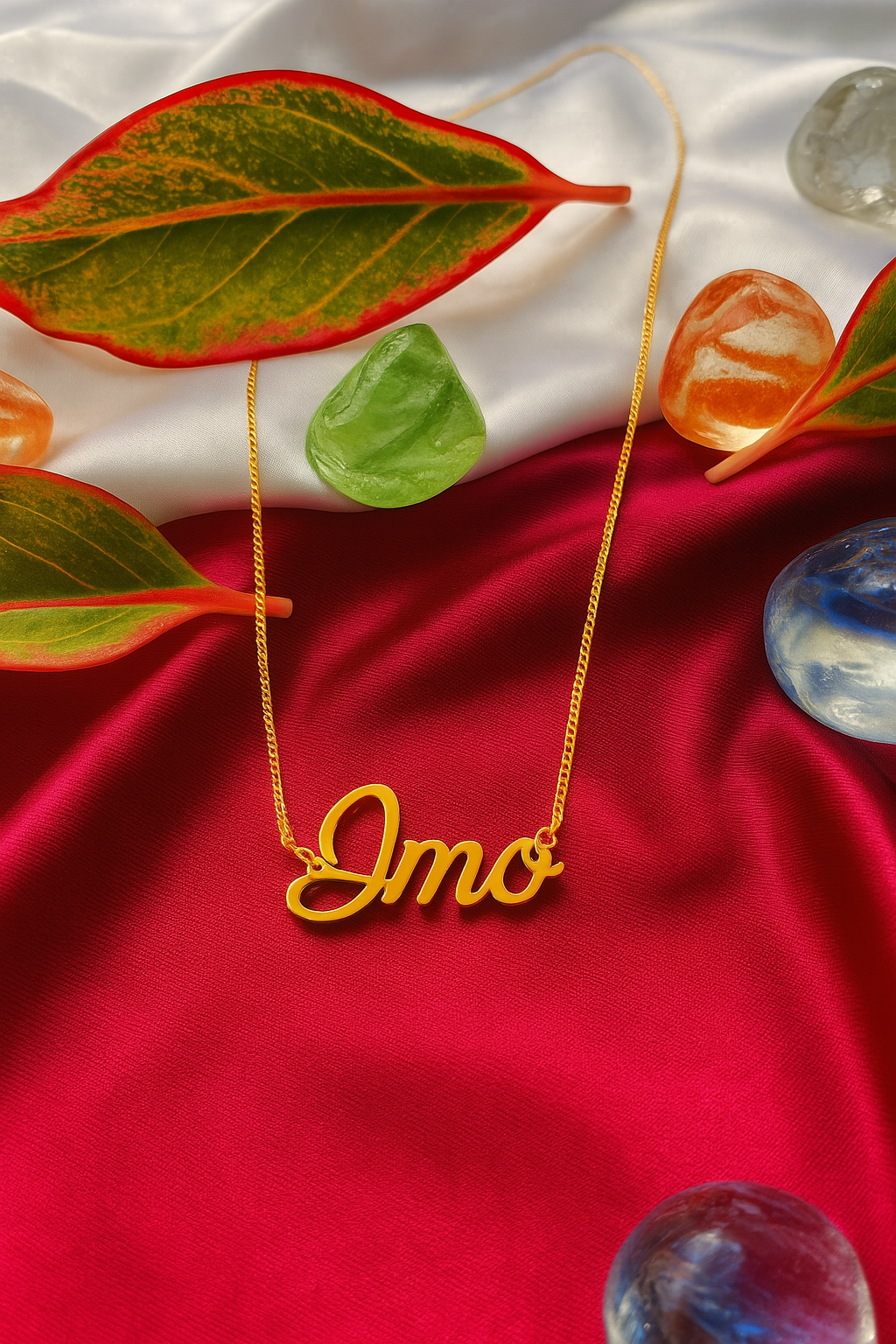 Custom name necklace in gold finish displayed —handmade 925 sterling silver with customizable chain length and font style.