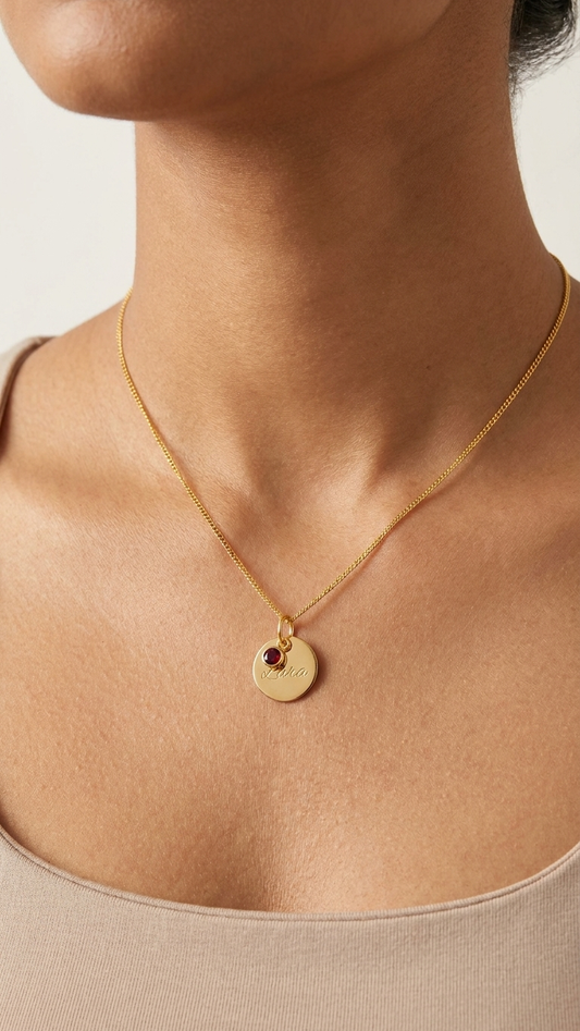 Custom Birthstone Engraved Disc Necklace