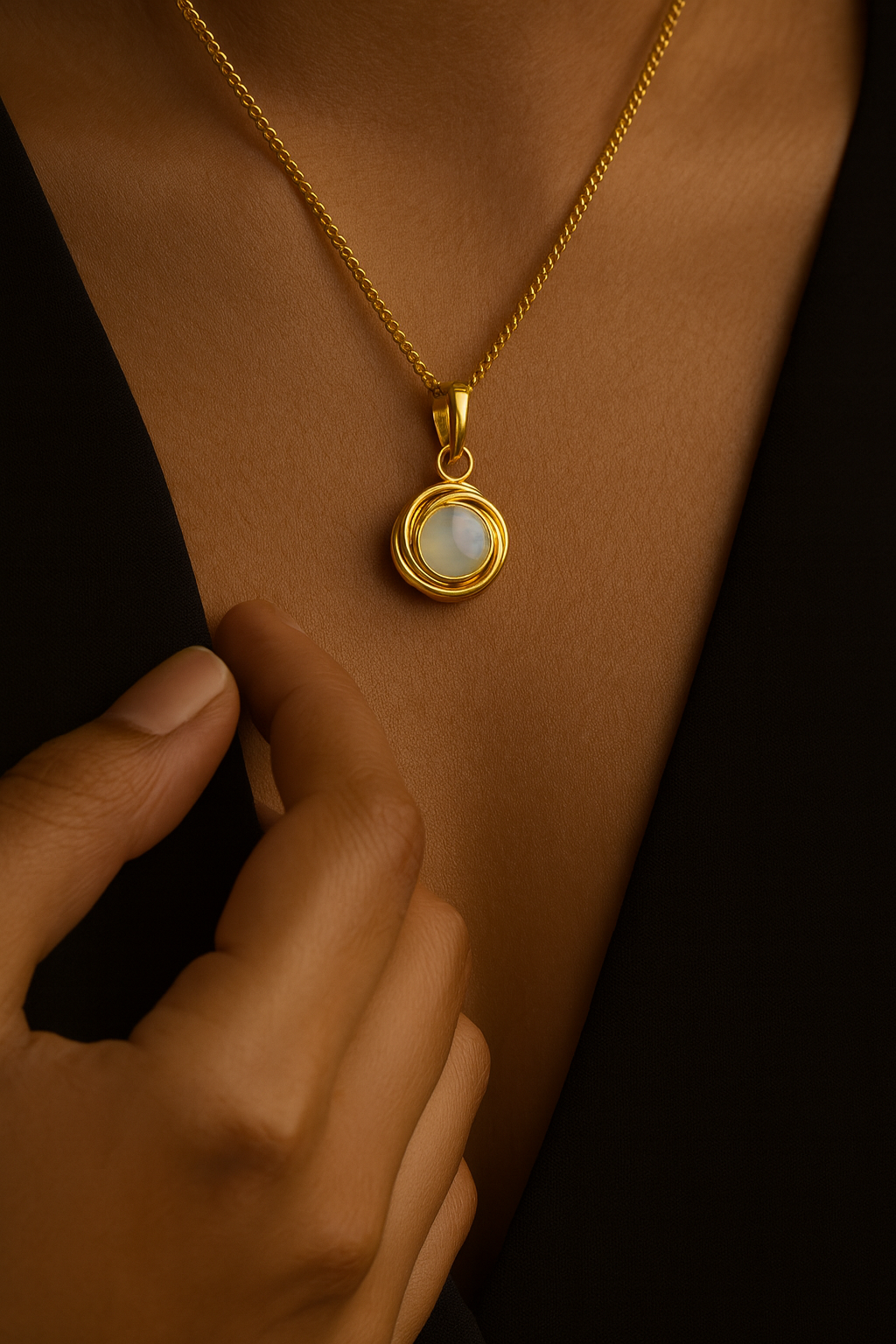 Angel Pearl Necklace in sterling silver with gold finish on model’s collarbone—dainty pearl pendant with customizable chain length.