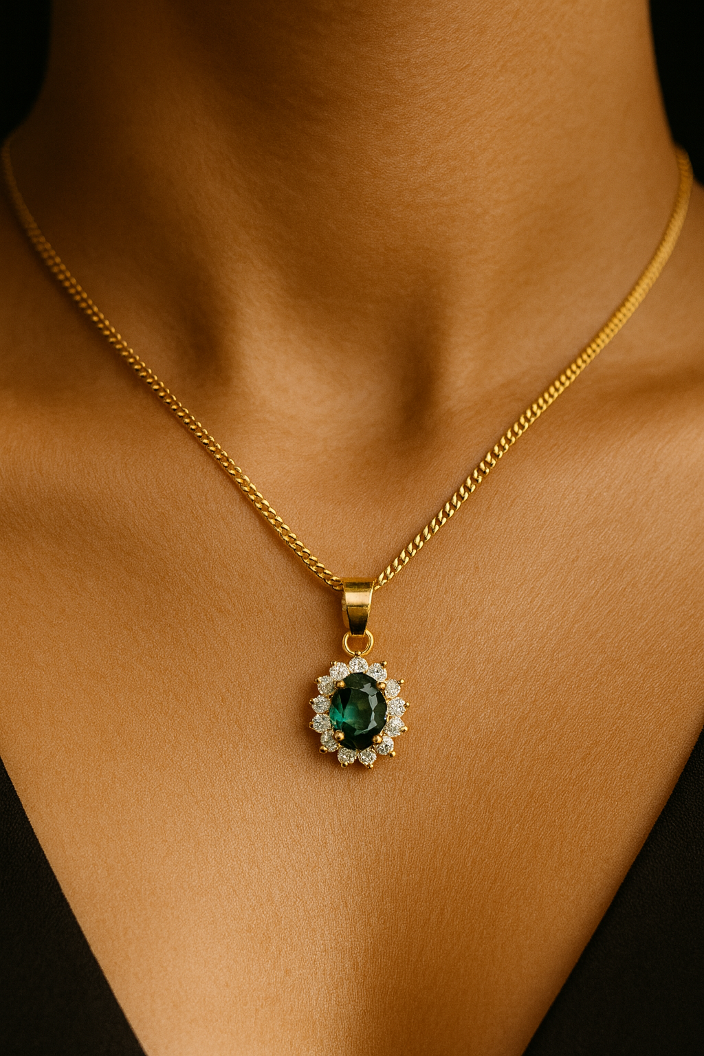 Cheapest Bae Diana Necklace — sterling silver oval halo pendant with customizable green gem color on adjustable chain, available in gold or silver finish.