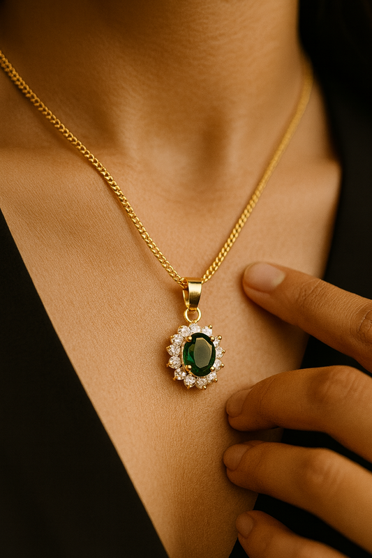 Cheapest Bae Diana Necklace — sterling silver oval halo pendant with customizable gem color on adjustable chain, available in gold or silver finish.