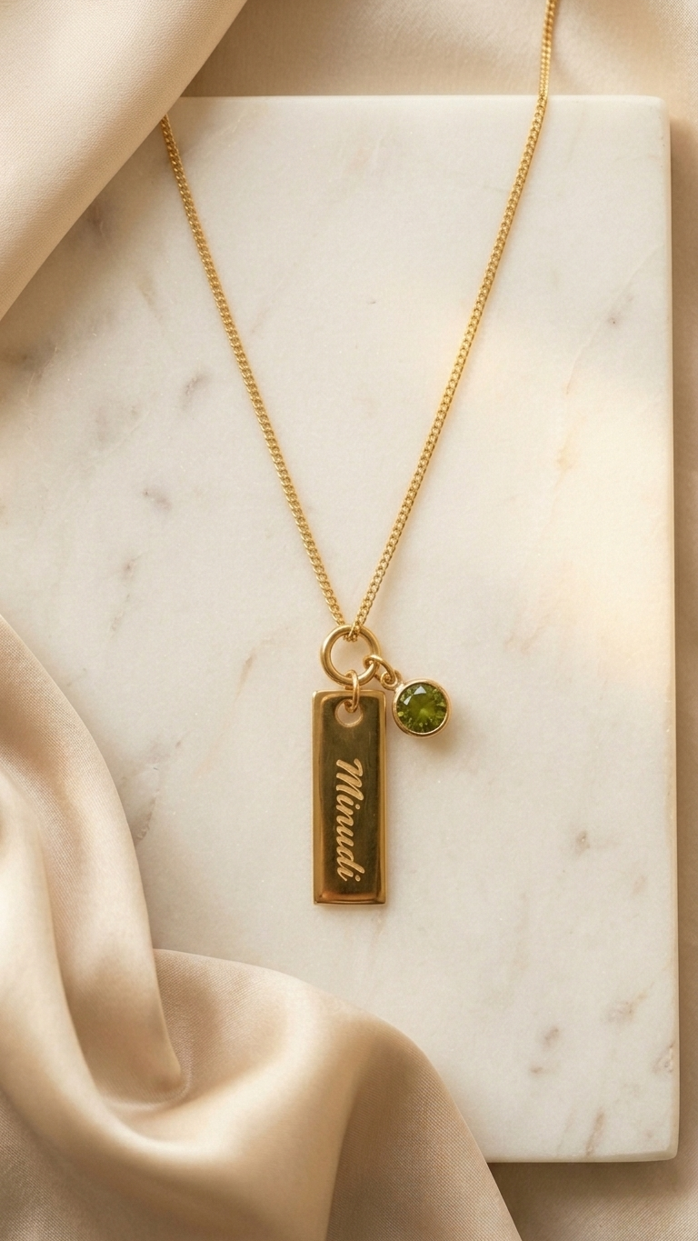 Engrave Plate Name Necklace with Birthstone