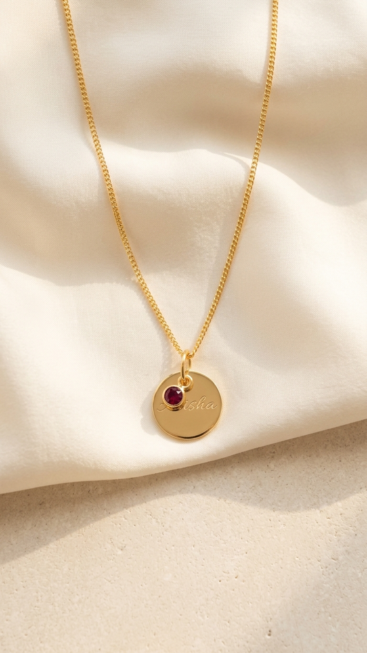 Custom Birthstone Engraved Disc Necklace